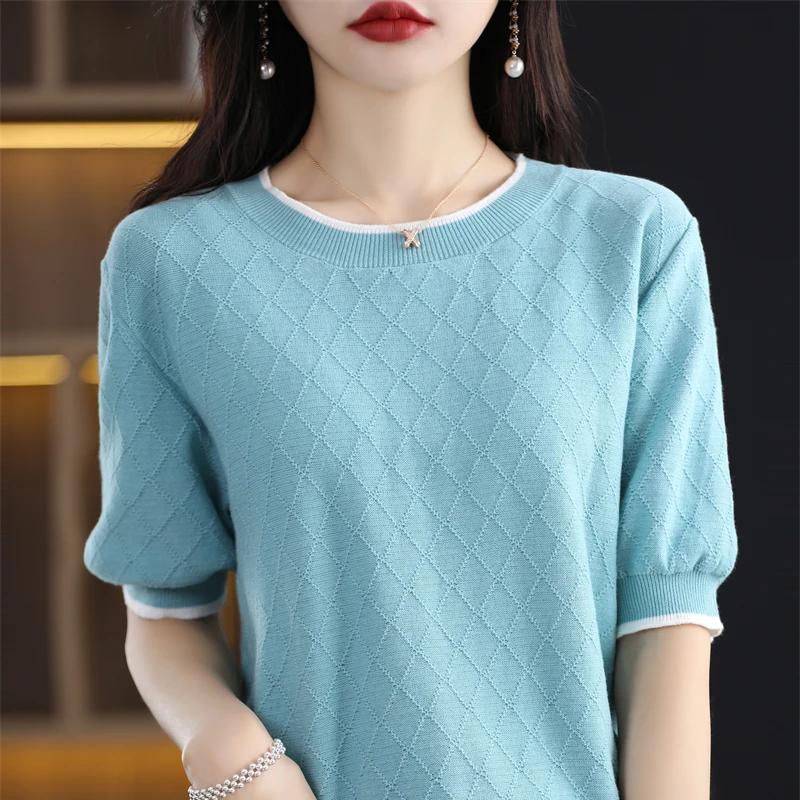 2023 Womens T-shirt New Sweater Short Sleeve Casual T-shirt Knitted Womens Top Round Neck T-shirt Loose Fit Top